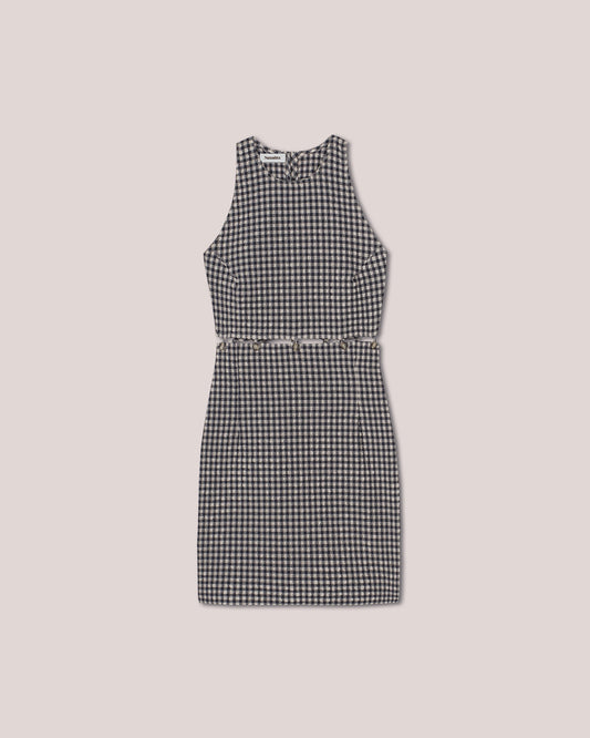 Layan - Sale Sleeveless Seersucker Check Mini Dress - Navy Creme Check