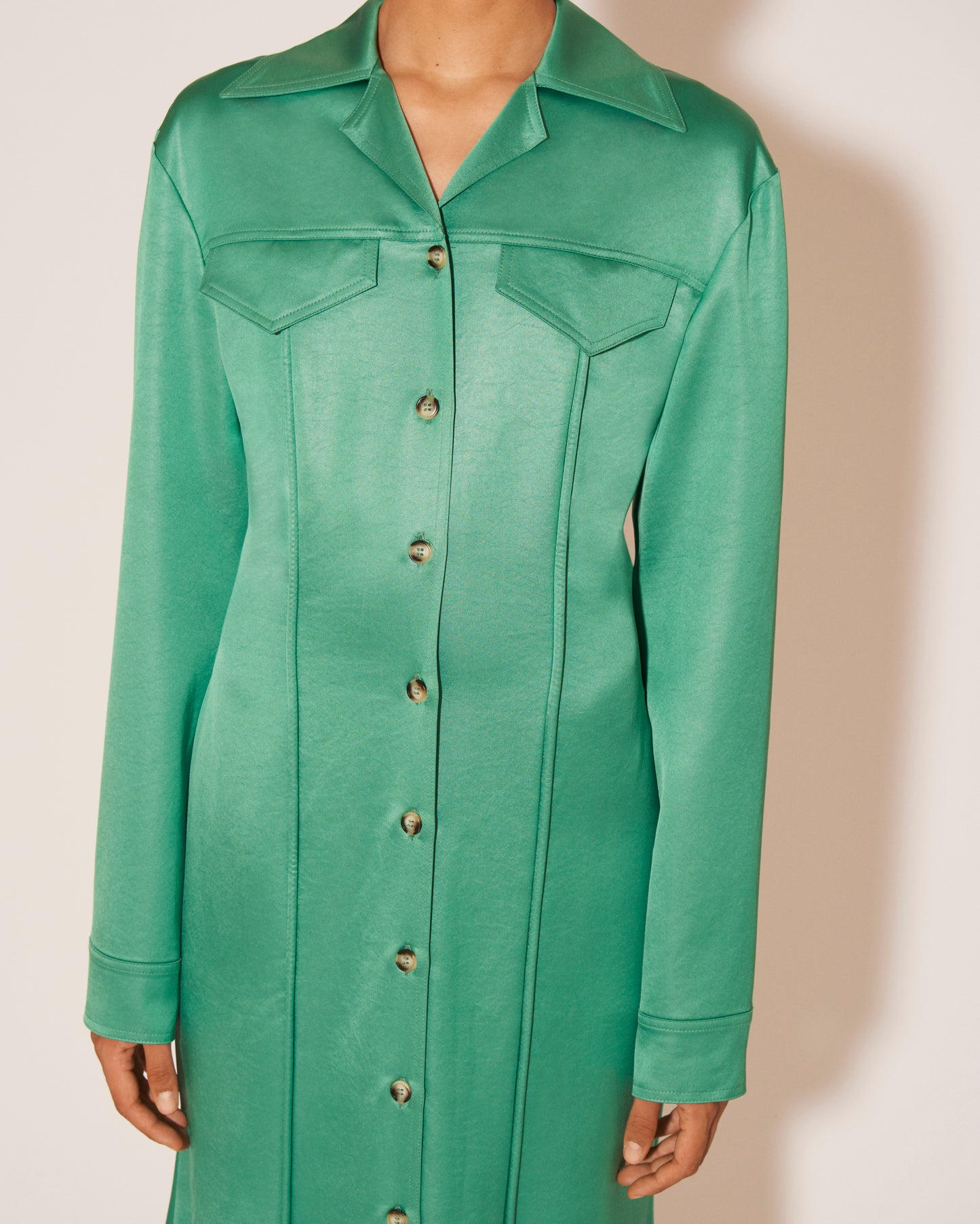 Sana - Sale Glossy Satin Shirt Dress - Green Glossy