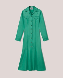 Sana - Sale Glossy Satin Shirt Dress - Green Glossy