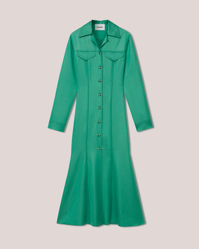 Sana - Sale Glossy Satin Shirt Dress - Green Glossy