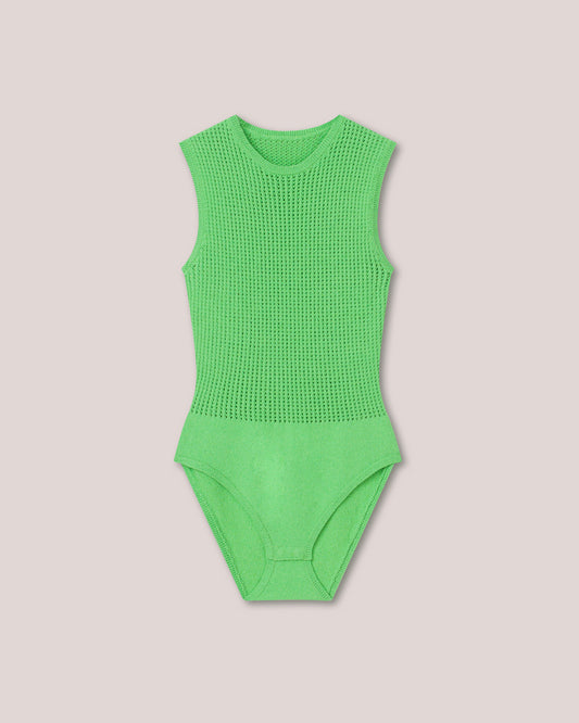 Mare - Sale Textured Cotton-Crochet Body - Bright Green