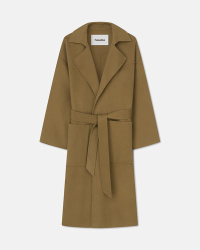 Alamo - Sale Wool Silk Blend Robe Coat - Khaki Double Wool