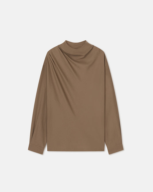 Mikael - Draped Slub Shirting Top - Fossil Brown