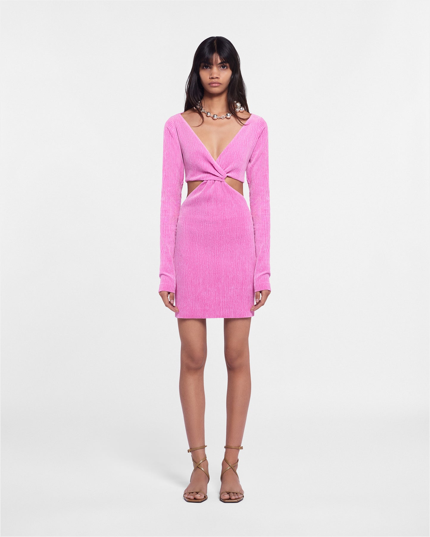 Desta - Sale Twist-Front Velvet Seersucker Mini Dress - Orchid