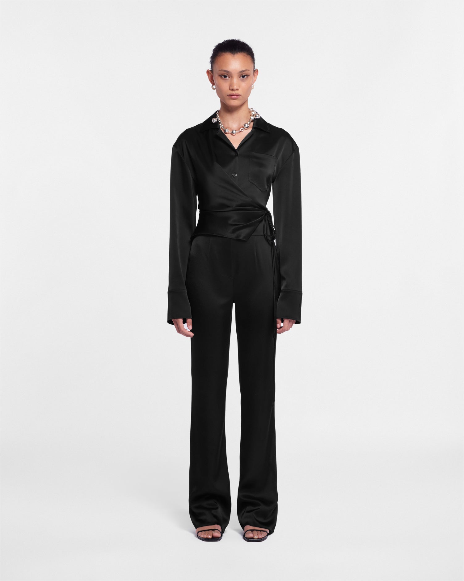 Merano - Slip Satin Wrap Shirt - Black