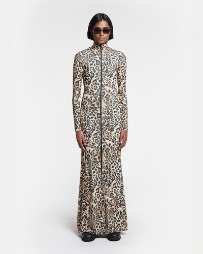 Blaize - Zip-Up Mesh-Jersey Turtleneck Dress - Leopard