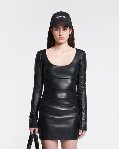 Sosha - Ruched Okobor™ Alt-Leather Mini Dress - Black