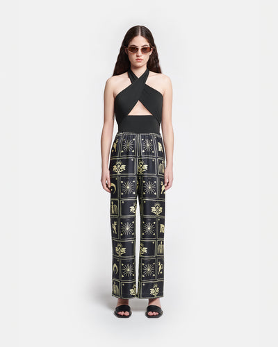 Brenda - Printed Silk-Twill Pants - Folk Art Black