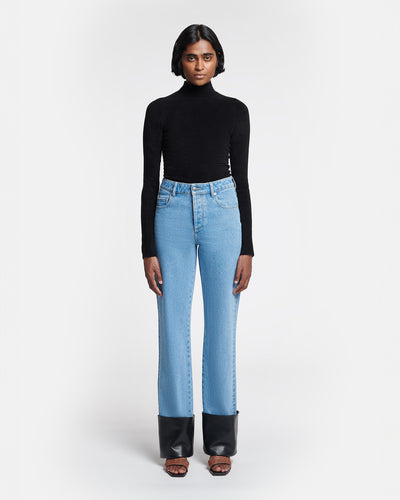 Raynee - Leather-Trimmed Straight-Leg Jeans - Mid Blue