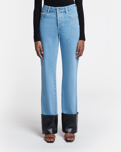 Raynee - Leather-Trimmed Straight-Leg Jeans - Mid Blue