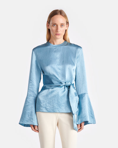 Ilone - Belted Crinkled-Satin Top - Aqua