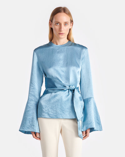 Ilone - Belted Crinkled-Satin Top - Aqua