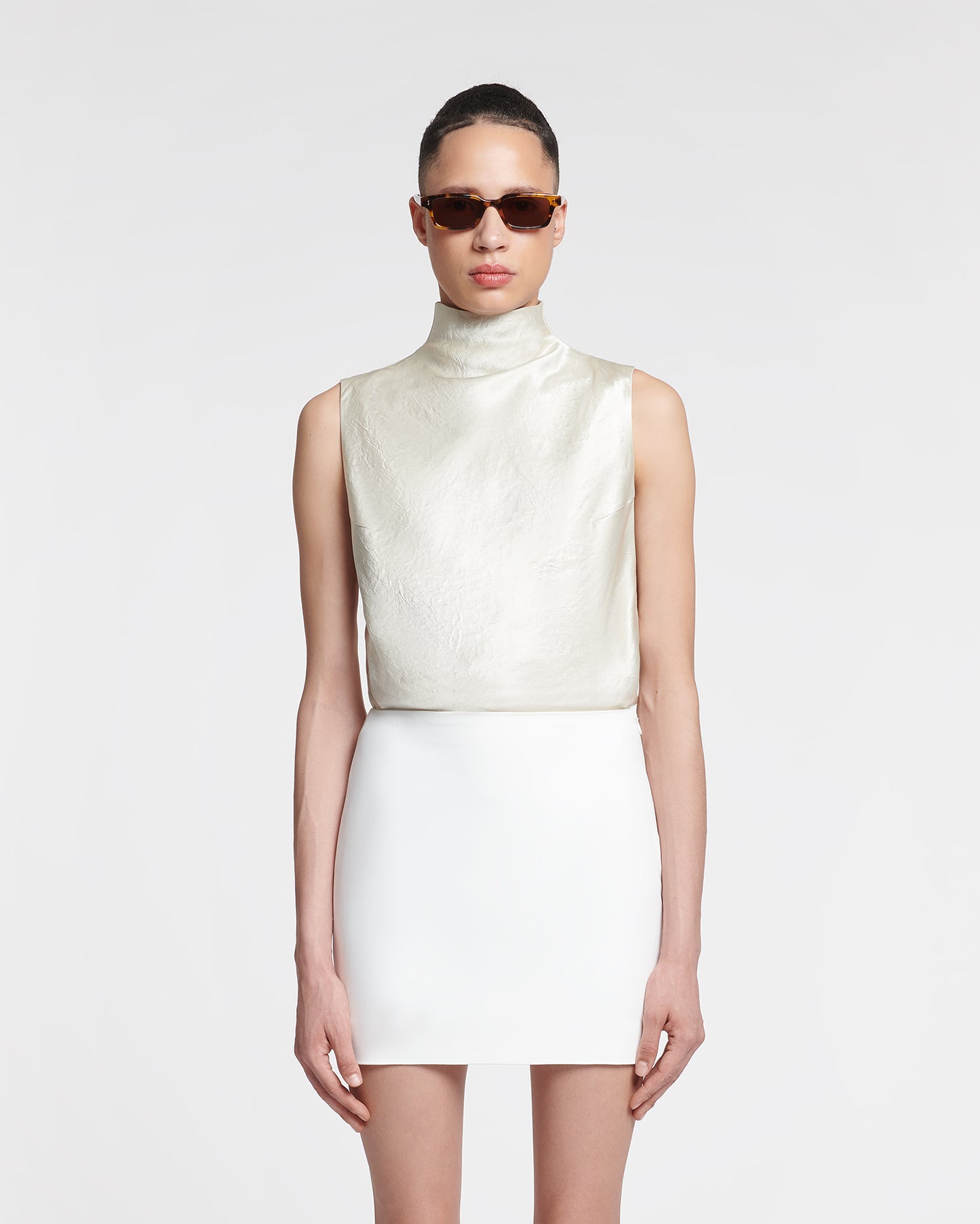 Colson - Crinkled-Satin Turtleneck Top - Ecru