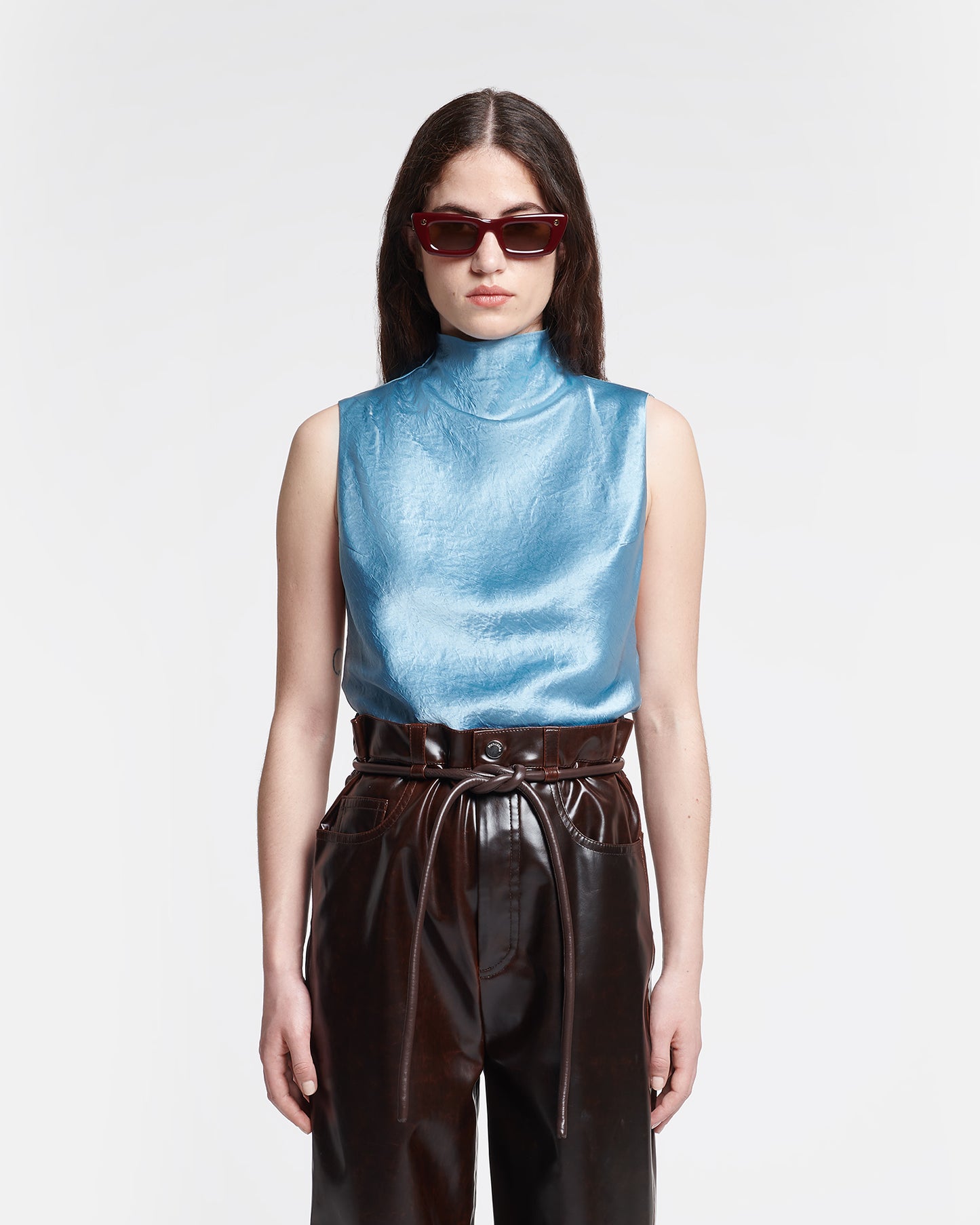 Colson - Crinkled-Satin Turtleneck Top - Aqua