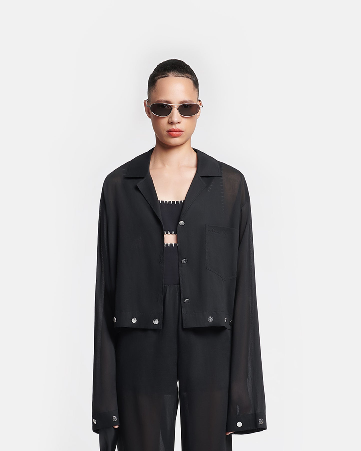 Vally - Studded Cropped Organza Shirt - Black