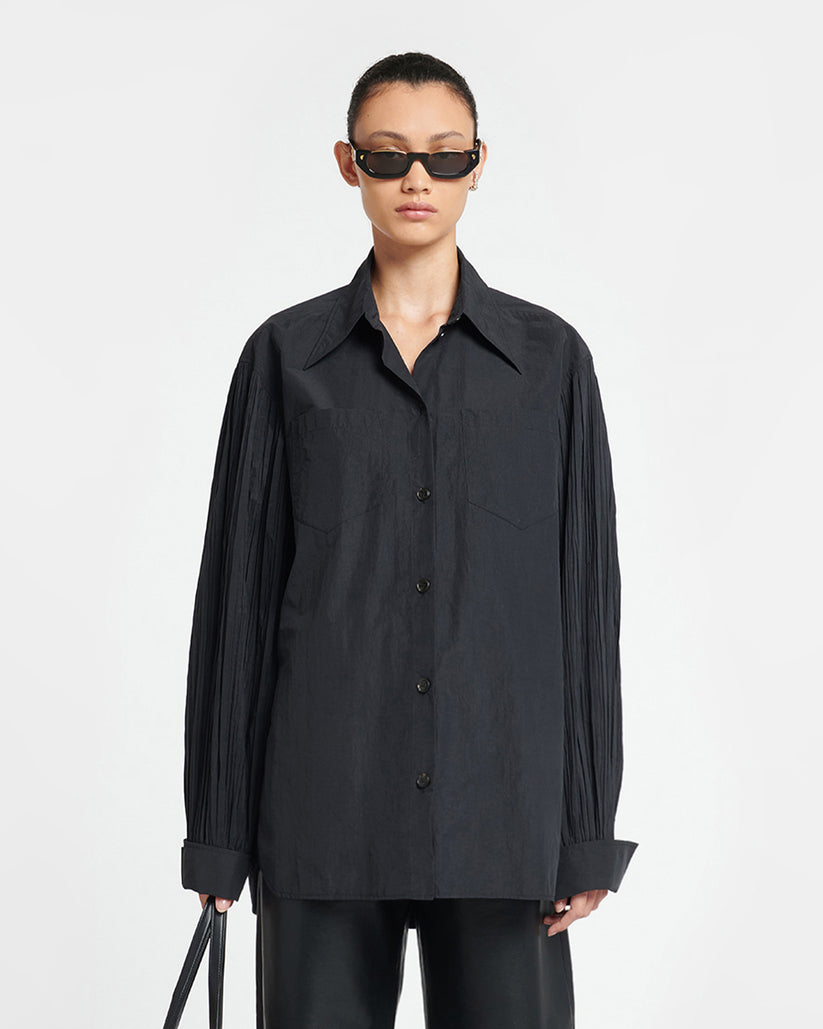 Nele - Pleated Poplin Shirt - Black – Nanushka