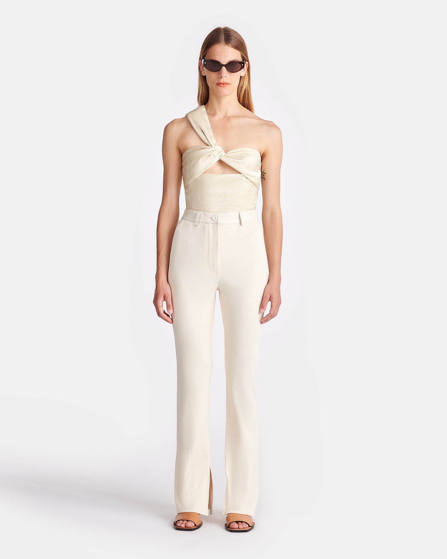 Mykas - Leather-Trimmed Ribbed-Jersey Pants - Creme