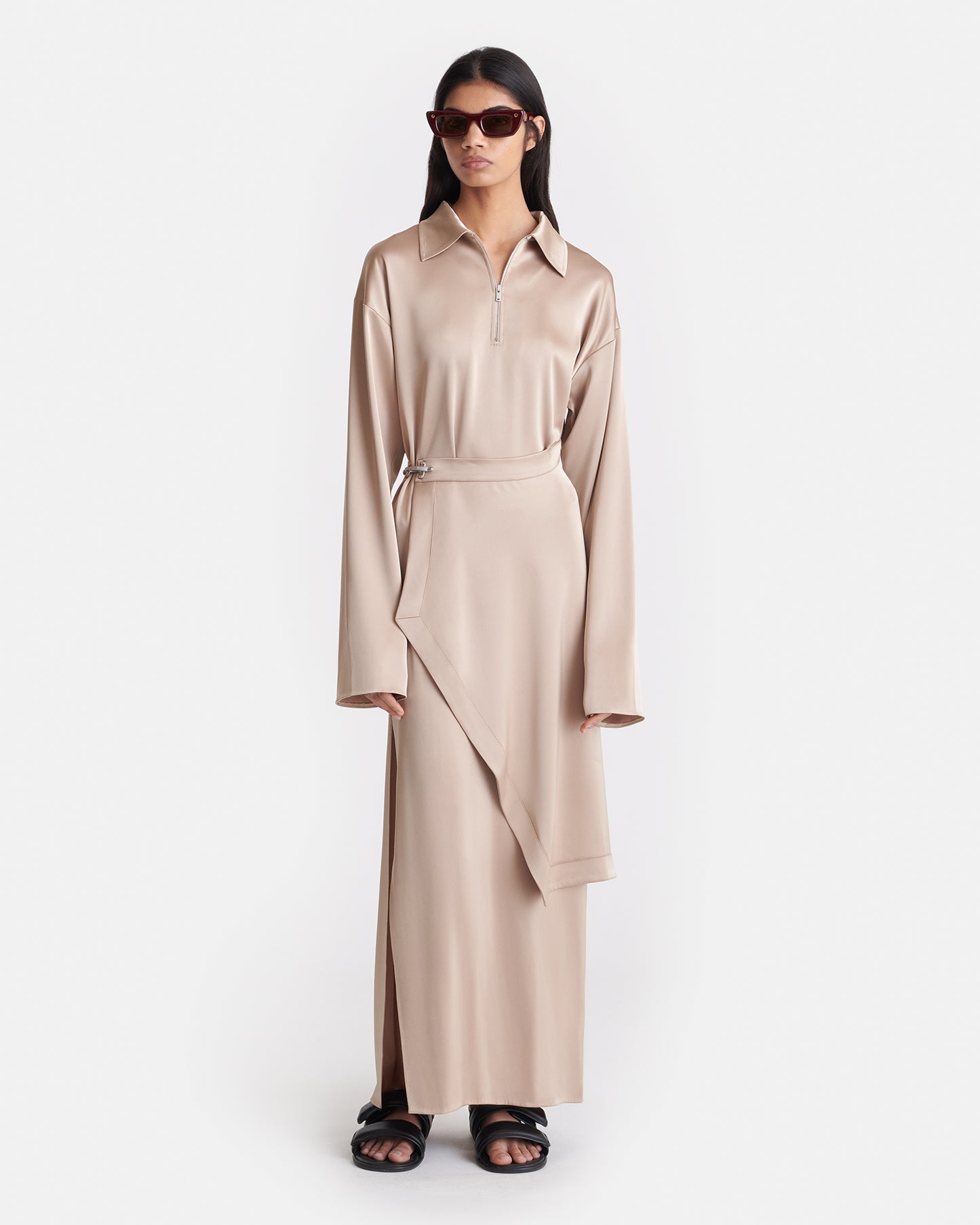 Colter - Draped Slip Satin Midi Dress - Dune