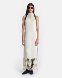 Miruna - Fringed Crinkled Satin Midi Dress - Ecru