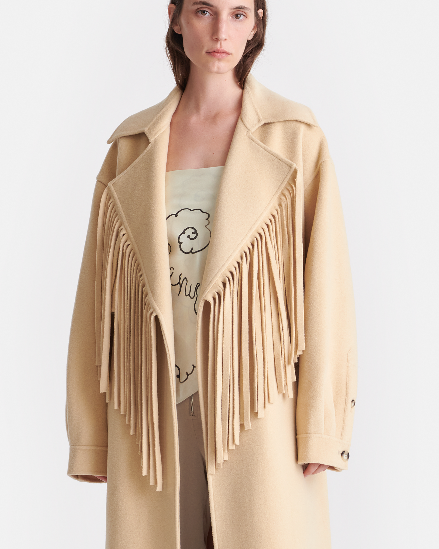 Vilora - Fringed Double Wool And Silk Coat - Creme