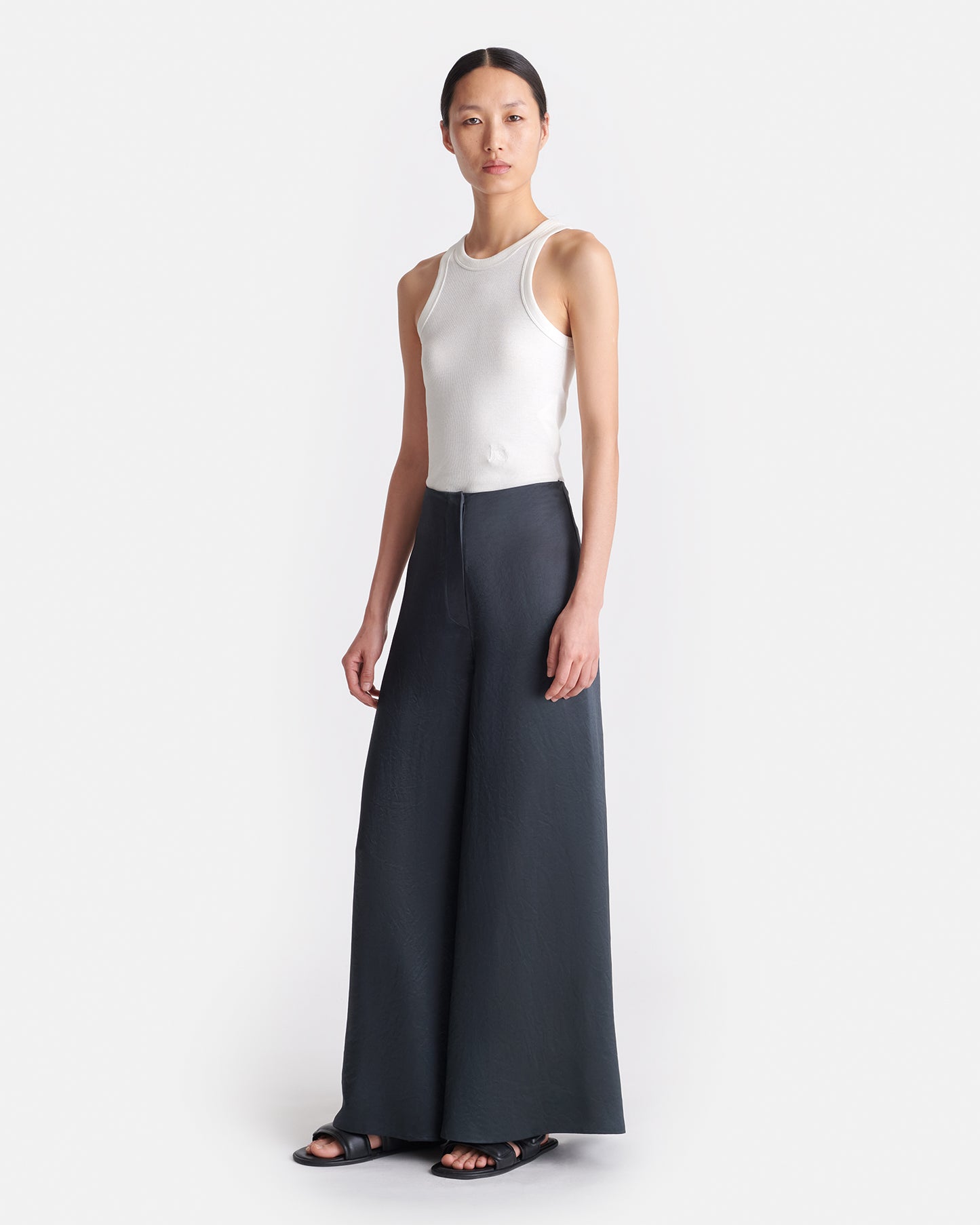 Zaniah - Crinkled Satin Wide-Leg Pants - Carbon