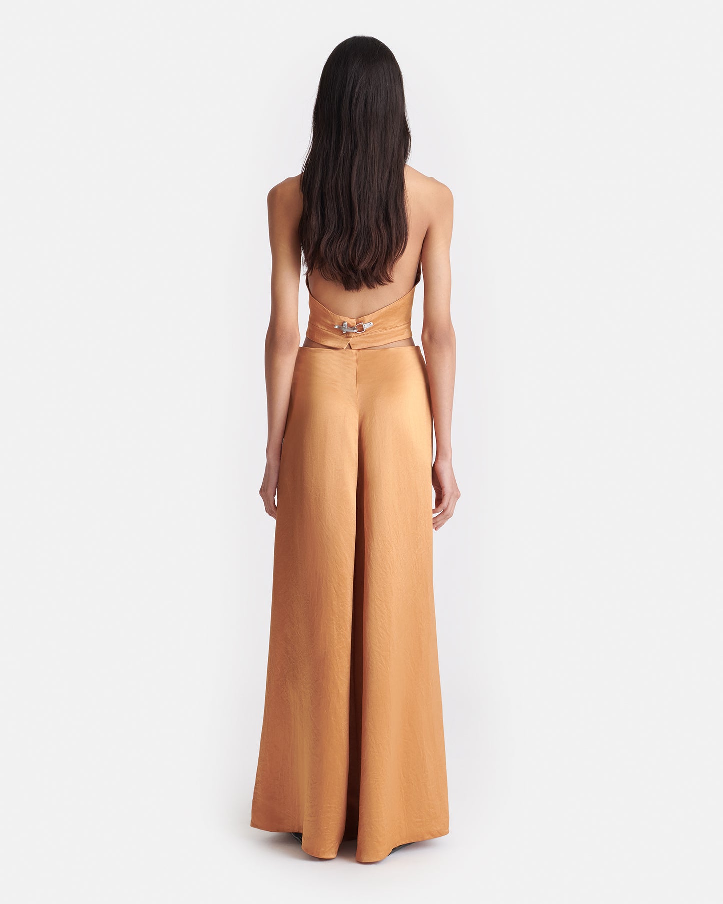 Zaniah - Crinkled Satin Wide-Leg Pants - Apricot