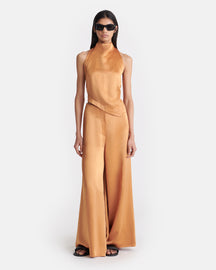 Zaniah - Crinkled Satin Wide-Leg Pants - Apricot