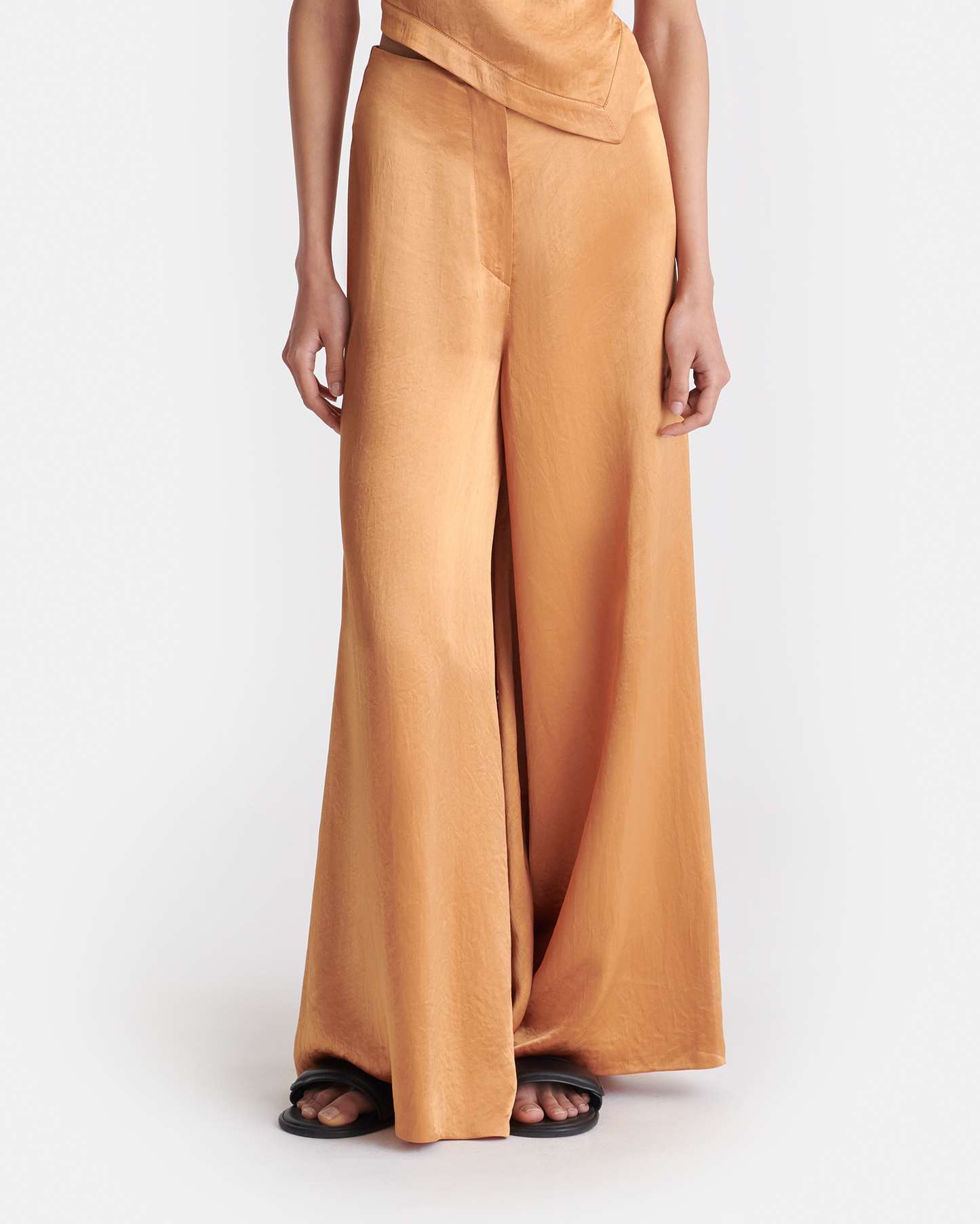 Zaniah - Crinkled Satin Wide-Leg Pants - Apricot