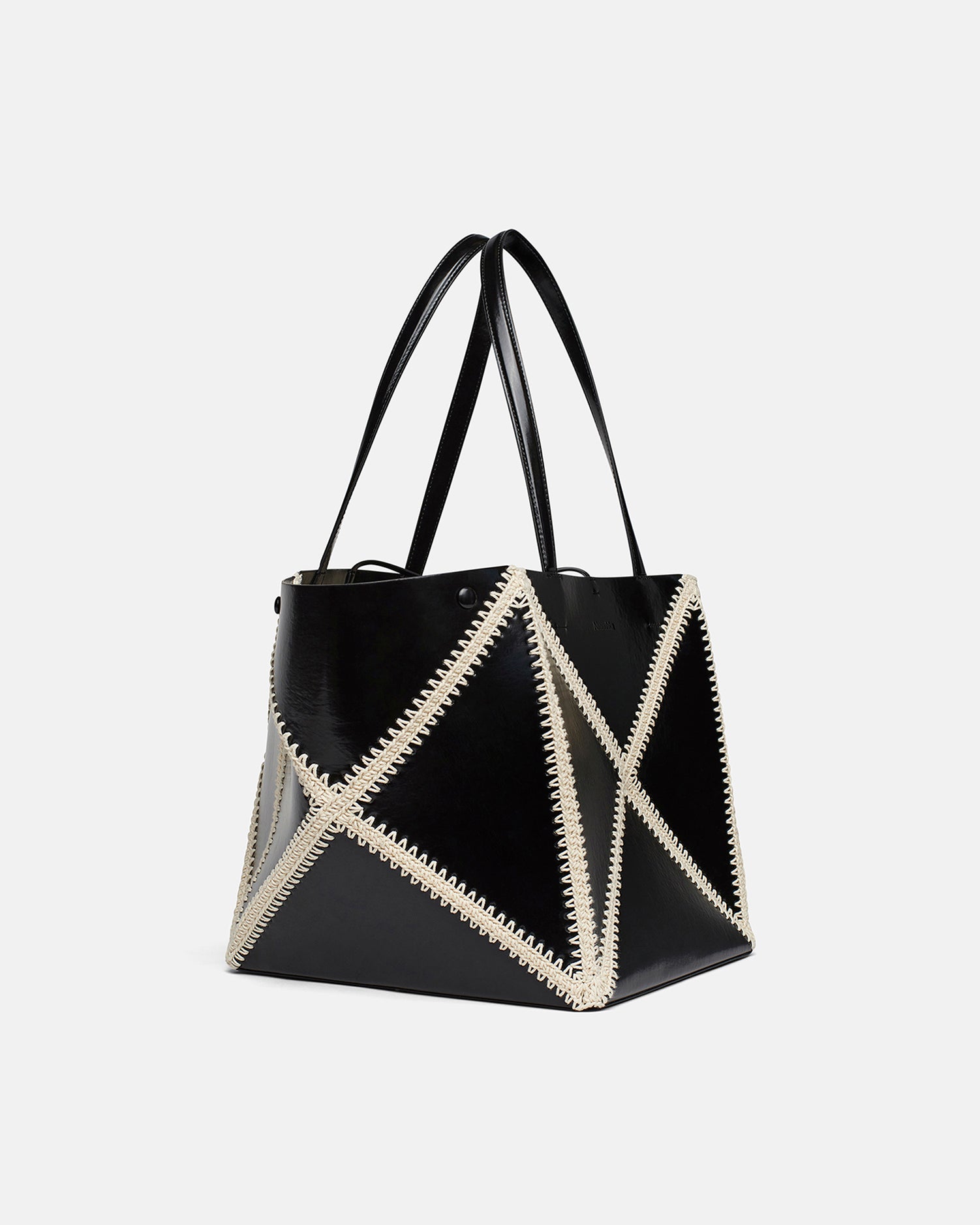 The Origami Tote Patent Alt Leather Crochet Tote Black Creme