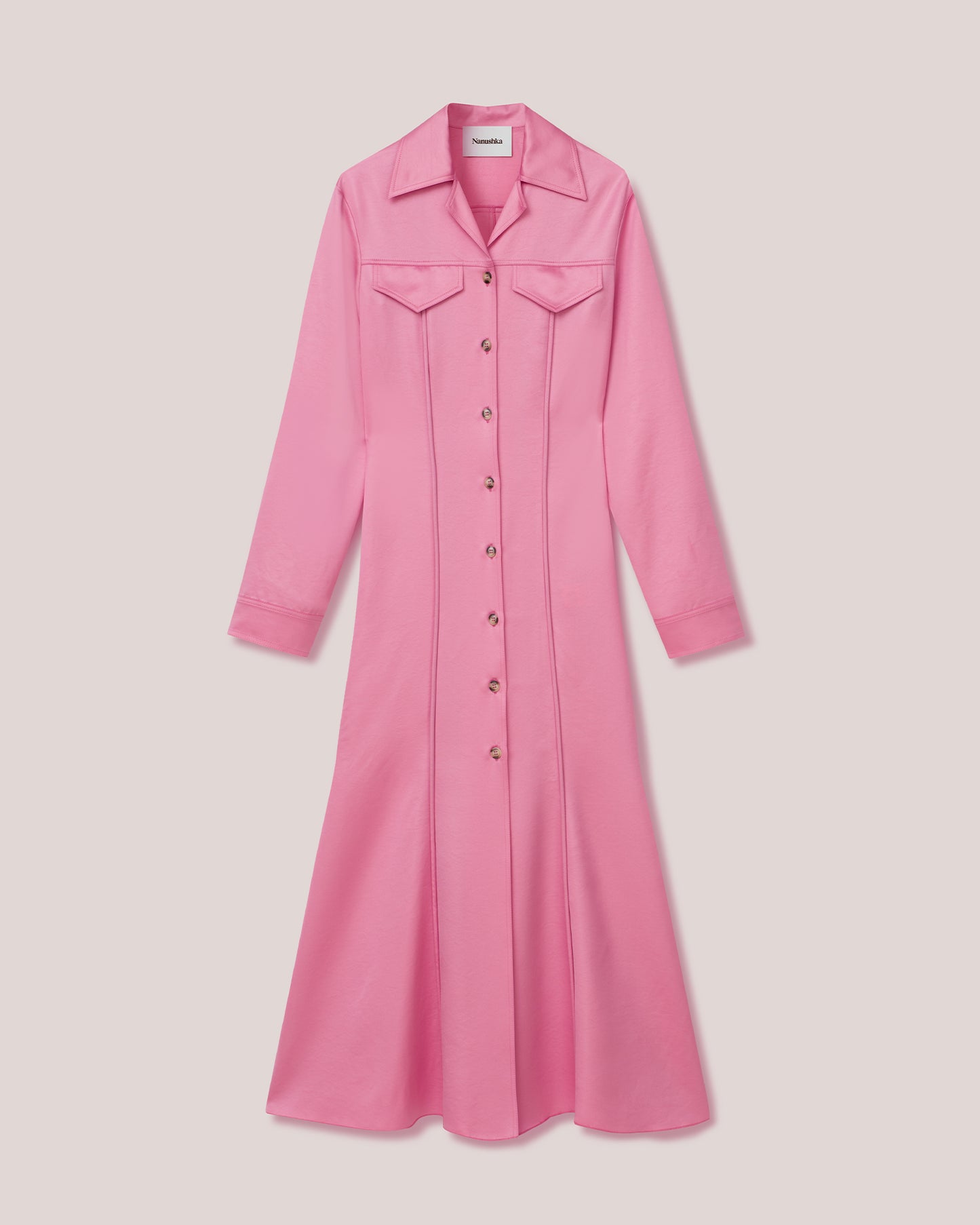 Sana - Glossy Satin Shirt Dress - Pink