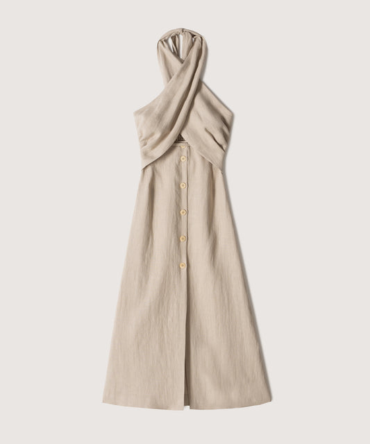 Soffio - Sale Linen Halterneck Dress - Taupe