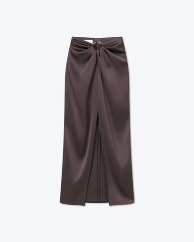 Emiko - Sale Slip Satin Sarong-Style Midi Skirt - Coffee Bean